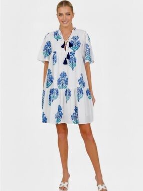 SOHANA Tiered Swing HANDMADE Liz Dress White Blue Sz XS 100% Cotton